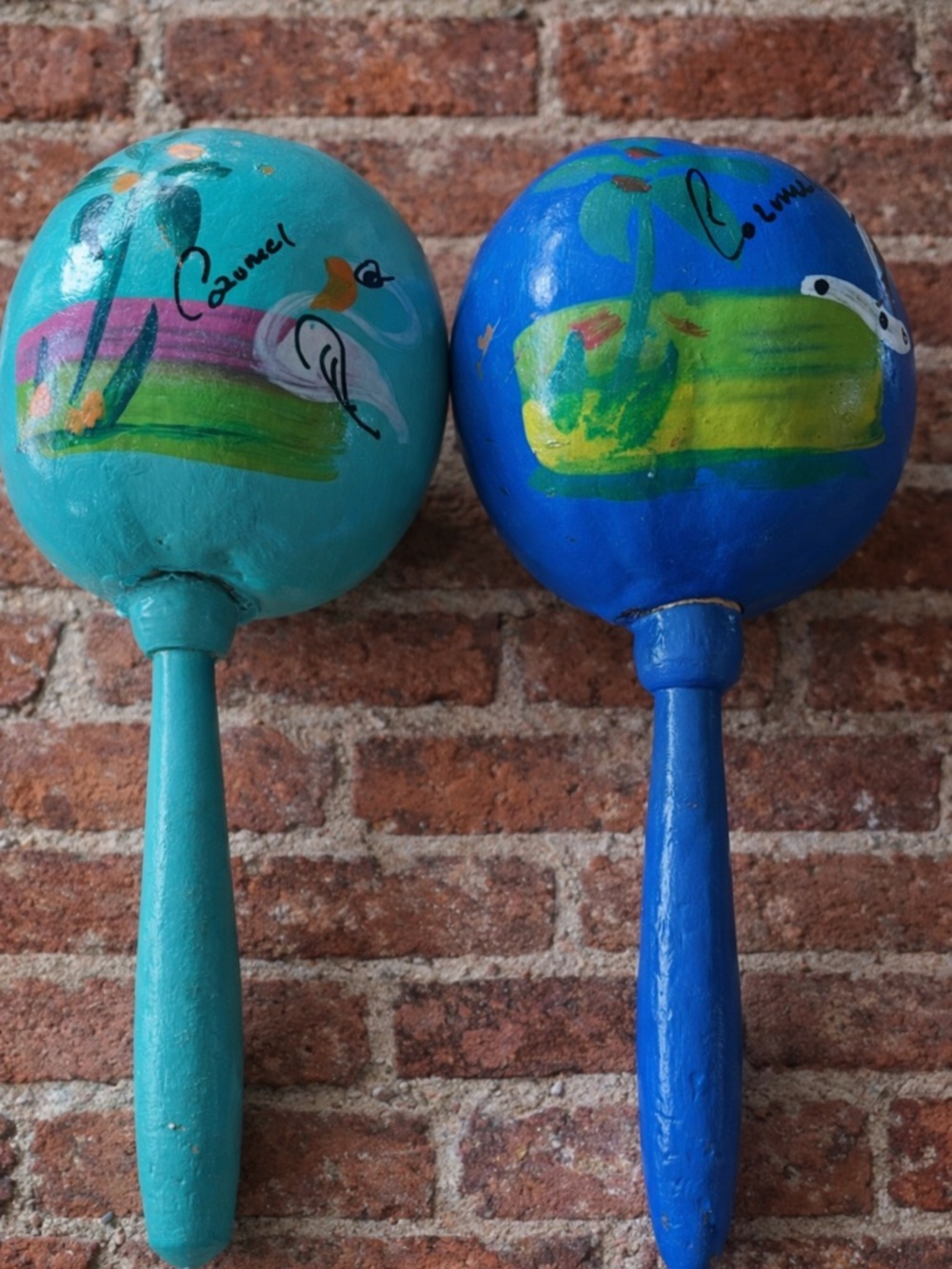 Hand-Painted Wooden Maracas Pair — Teal & Blue